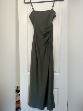 Zara Olive Green Spaghetti Strap Ruched Maxi Dress